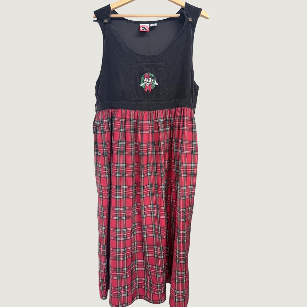 Vintage Disney Mickey Inc Christmas Plaid Corduroy Jumper Dress XL Holiday